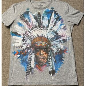 American Eagle Graphic T-Shirt Native American Headdress Gray Medium